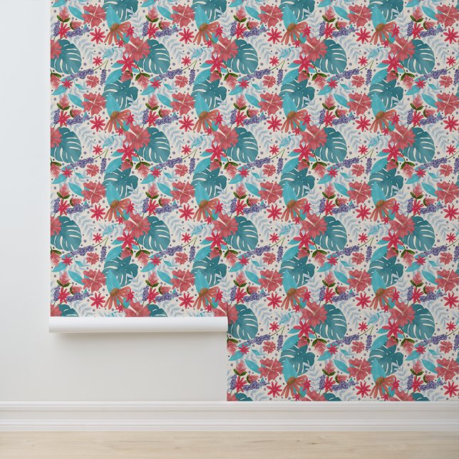 Tropical Rainforest Flowers and Monstera Leaves Wallpaper (Application)