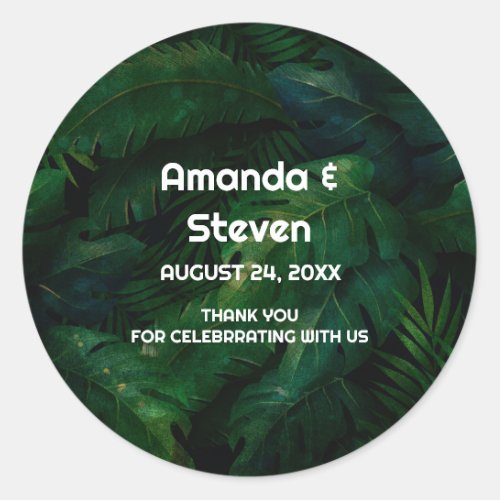 Tropical Rainforest Green Leaves Wedding Thank You Classic Round Sticker