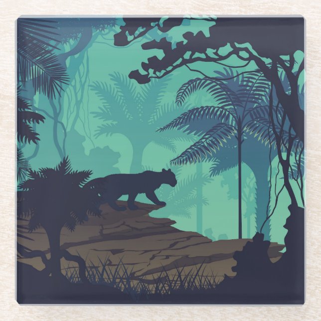Tropical rainforest, jaguar evening background. glass coaster (Front)