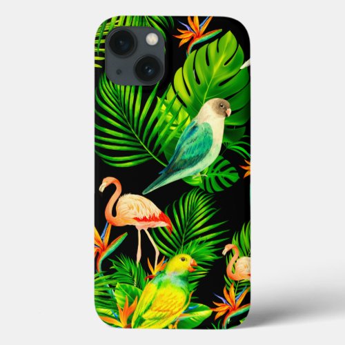 Tropical rainforest leaves and birds pattern iPhone 13 case