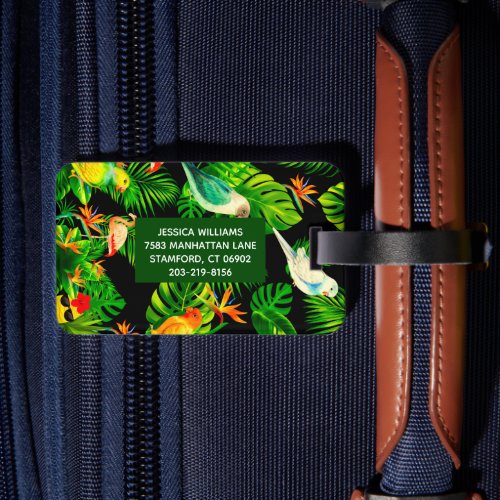 Tropical rainforest leaves and birds pattern luggage tag
