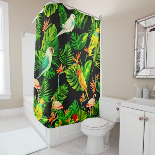 Tropical rainforest leaves birds   shower curtain