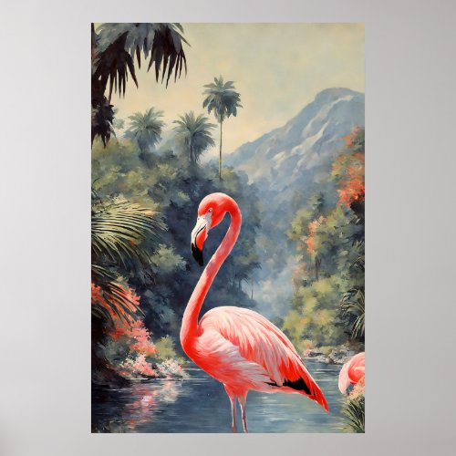 Tropical Rainforest Pink Flamingo Vintage Poster