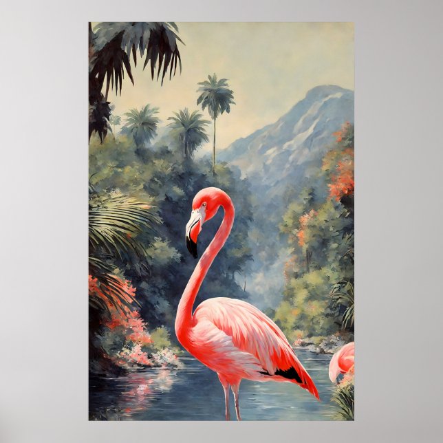 Tropical Rainforest Pink Flamingo Vintage Poster (Front)
