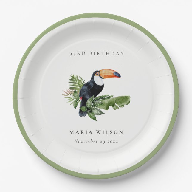 Tropical Rainforest Toucan Fauna Any Age Birthday Paper Plates (Front)