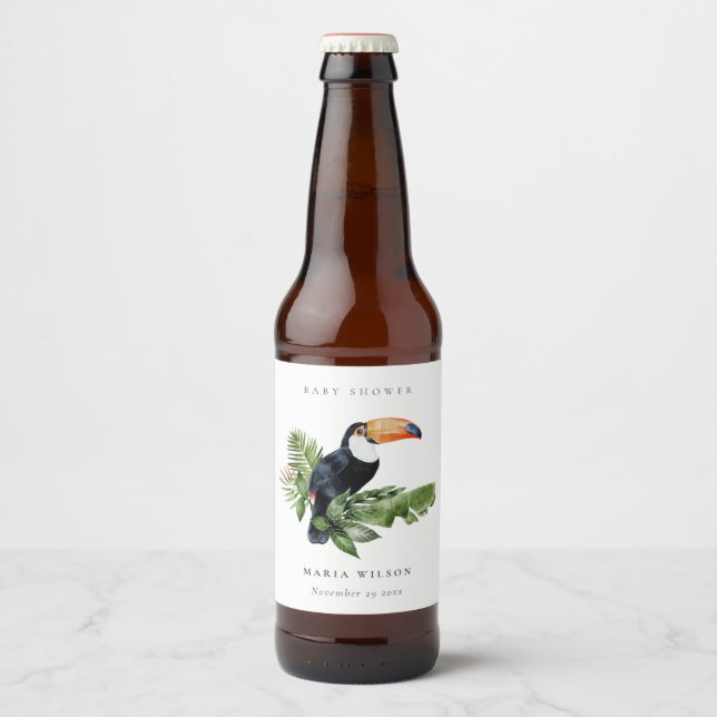 Tropical Rainforest Toucan Foliage Baby Shower Beer Bottle Label (Front)