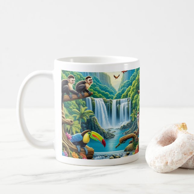 Tropical Rainforest Waterfall Coffee Mug (With Donut)