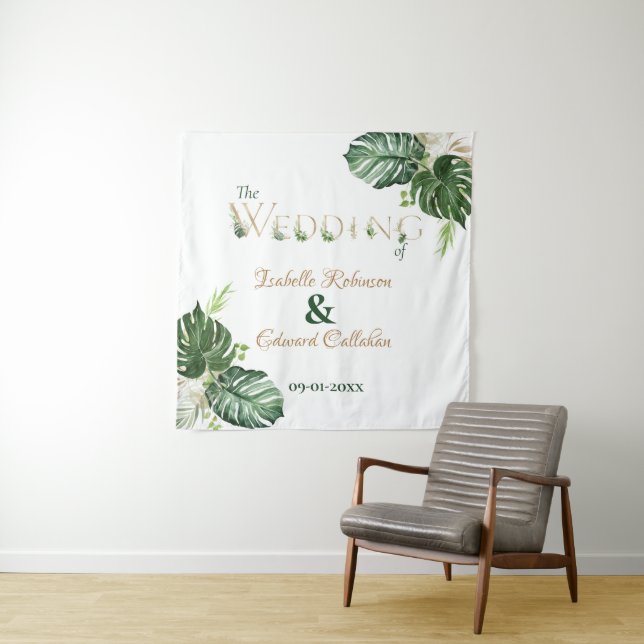 Tropical Reception Décor Green Monstera Leaves Tapestry (In Situ)