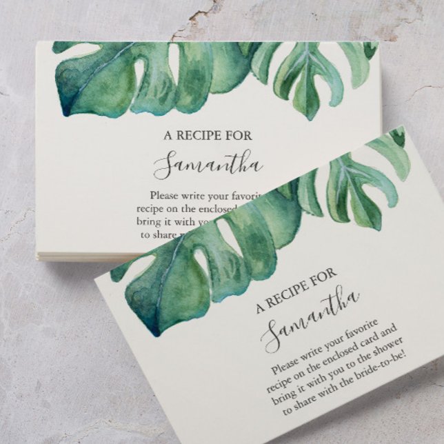 Tropical Recipe For The Bride Enclosure Card (Bridal shower invitations inserts recipe for the bride watercolor monstera leaves)