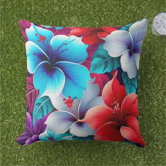 Tropical Red And Blue Hibiscus Flowers Outdoor Pillow
