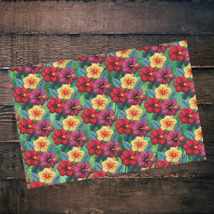 Tropical Red and Gold on Green Leaves Hibiscus Tissue Paper
