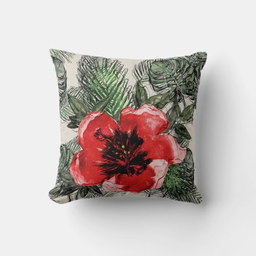 Tropical Red and Green Watercolor Floral Throw Pillow