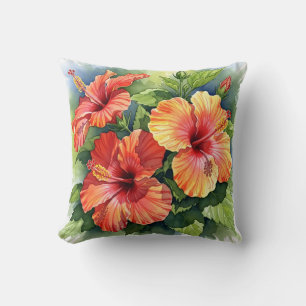 Tropical Red and Yellow Hibiscus Watercolor Floral Throw Pillow