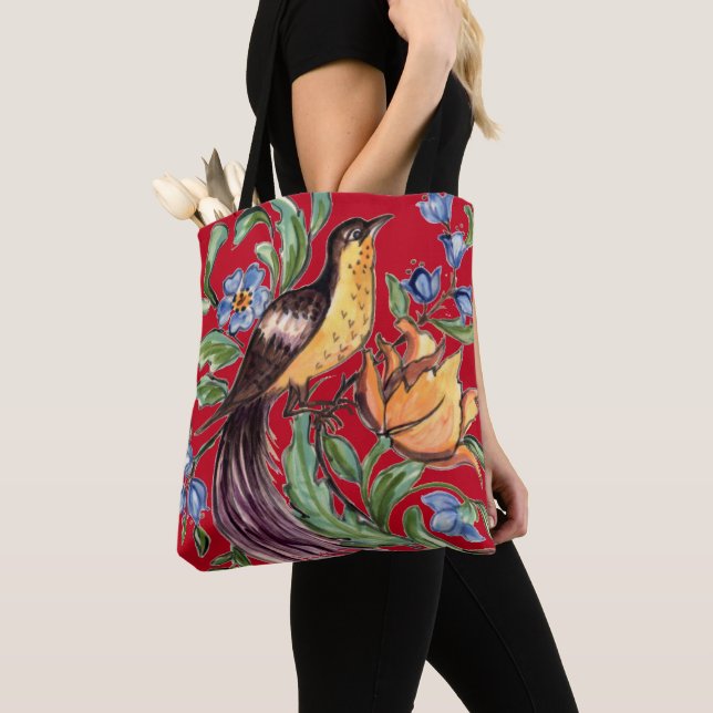 Tropical Red Bird of Paradise Floral Folk Art Tote Bag (Close Up)
