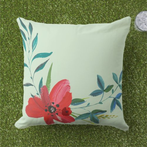 Tropical Red Floral Soft Green Elegant Outdoor Pillow