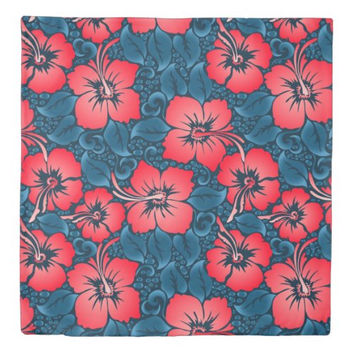 Tropical red flowers on navy duvet cover