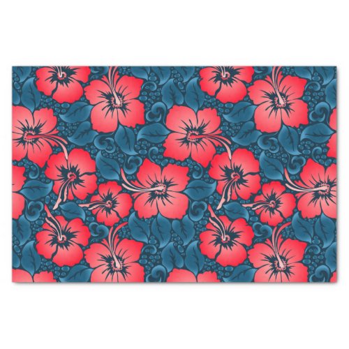 Tropical red flowers on navy tissue paper