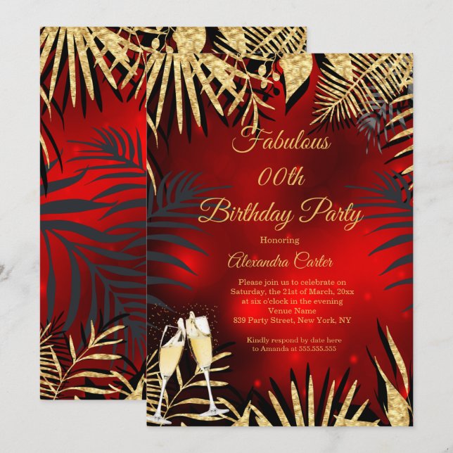 Tropical Red Gold Palms Champagne Birthday Party Invitation (Front/Back)