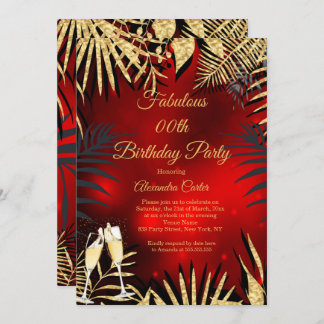 Tropical Red Gold Palms Champagne Birthday Party Invitation