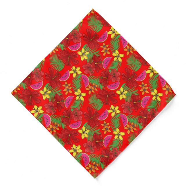 Tropical Red Hibiscus and Melons Floral Hawaiian Bandana (Front)