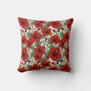 Tropical Red Hibiscus Botanical Throw Pillow