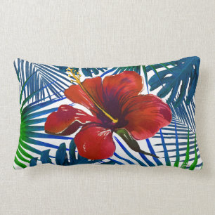 Tropical Red Hibiscus Floral Dark Teal Leaves Lumbar Pillow