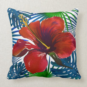 Tropical Red Hibiscus Floral Teal Greenery Beach Throw Pillow