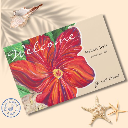 Tropical Red Hibiscus Floral Vacation Home Rental Guest Book