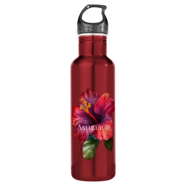 Tropical Red Hibiscus Flower Stainless Steel Water Bottle (Front)