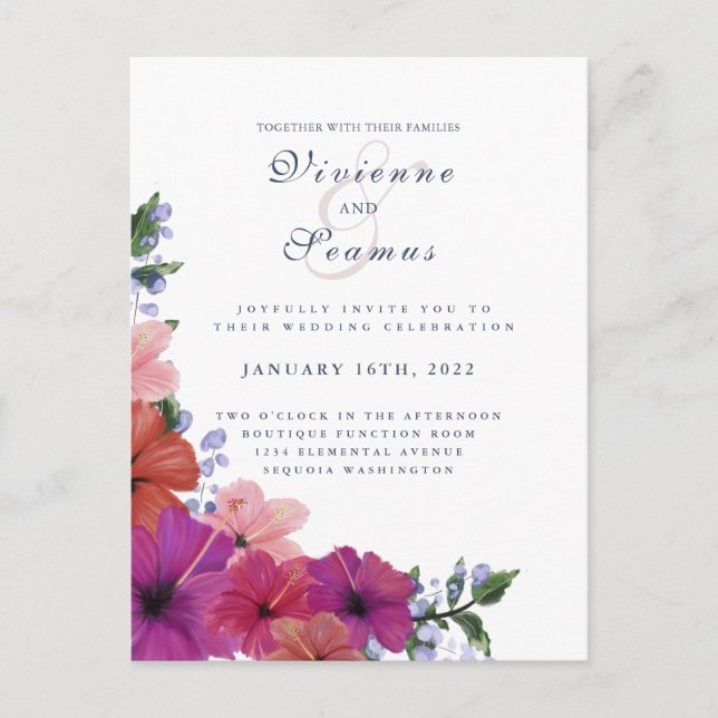 Tropical red hibiscus flower wedding invitation postcard (Front)