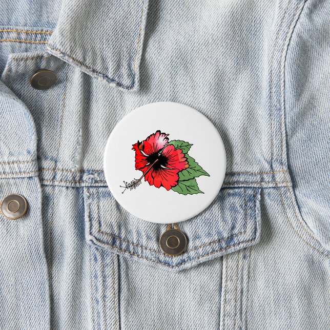 Tropical Red Hibiscus Flower with Green Leaves  Button (Creator Uploaded)