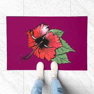 Tropical Red Hibiscus Flower with Green Leaves Doormat
