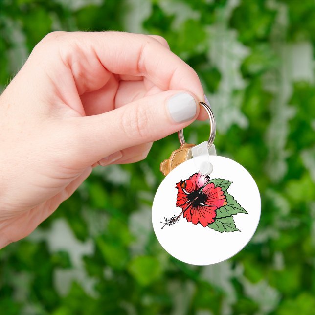 Tropical Red Hibiscus Flower with Green Leaves  Keychain (Creator Uploaded)