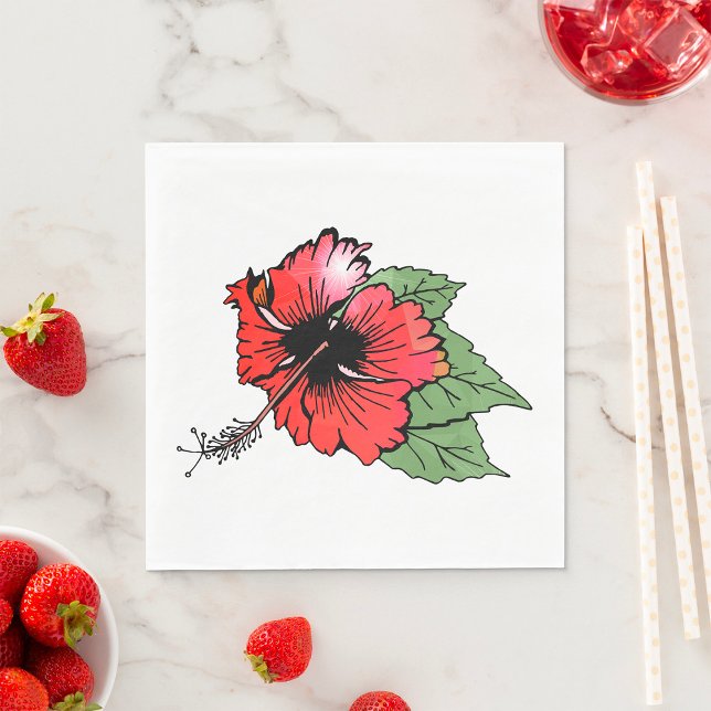 Tropical Red Hibiscus Flower with Green Leaves  Napkins (Creator Uploaded)