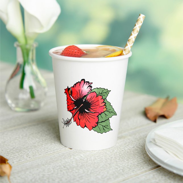 Tropical Red Hibiscus Flower with Green Leaves  Paper Cups (Creator Uploaded)