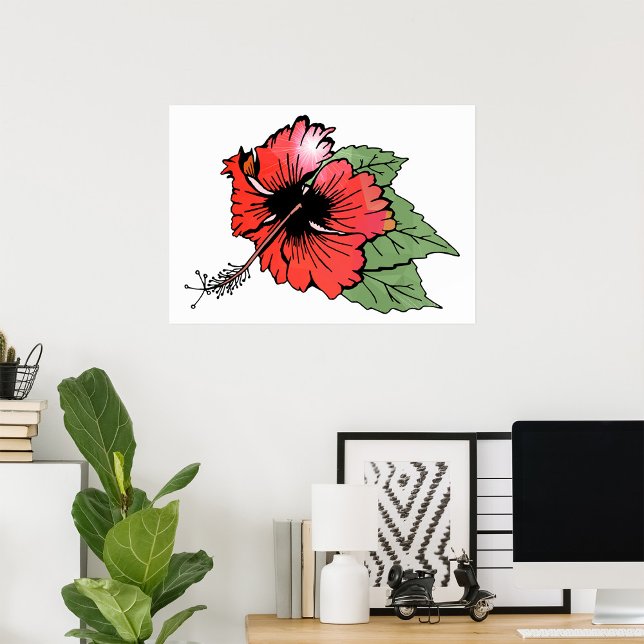 Tropical Red Hibiscus Flower with Green Leaves  Poster (Creator Uploaded)