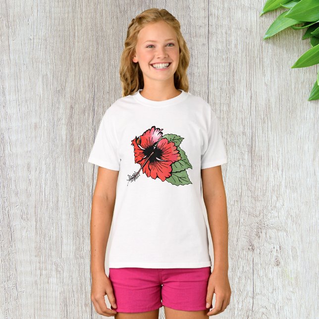 Tropical Red Hibiscus Flower with Green Leaves  T-Shirt (Creator Uploaded)