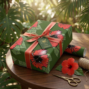 Tropical Red Hibiscus Flower with Green Leaves Wrapping Paper