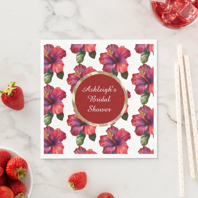 Tropical Red Hibiscus Flowers Bridal Shower Napkins (Insitu)