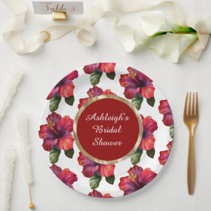 Tropical Red Hibiscus Flowers Bridal Shower Paper Plates
