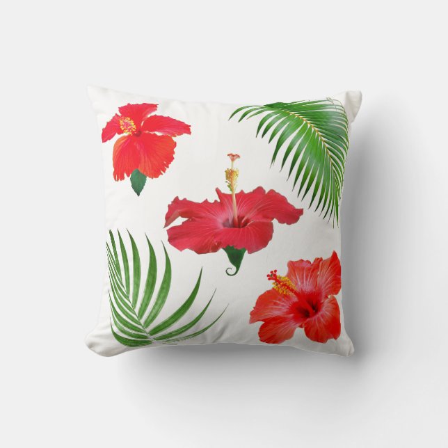 Tropical Red Hibiscus Flowers & Palm Leaves Throw Pillow (Front)