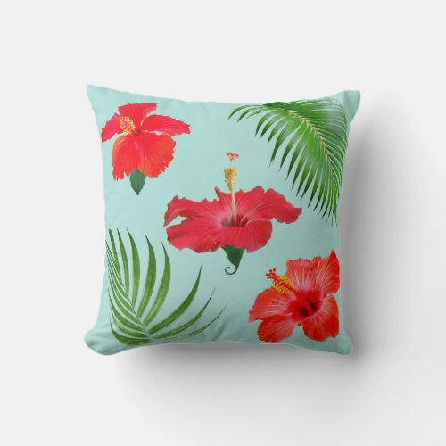 Tropical Red Hibiscus Flowers  Palm Leaves Throw  Throw Pillow