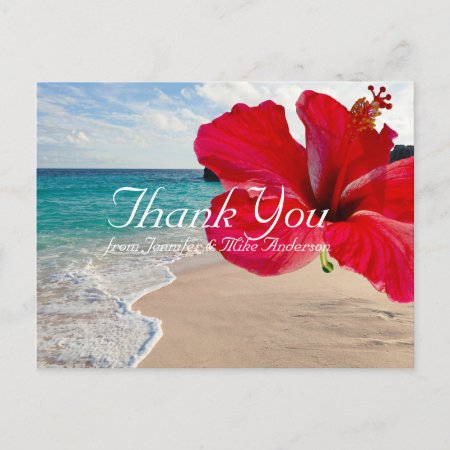 Tropical Red Hibiscus Pretty Beach Thank You Postcard