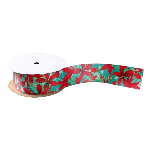 Tropical red hibiscus tissue paper  satin ribbon (Spool)