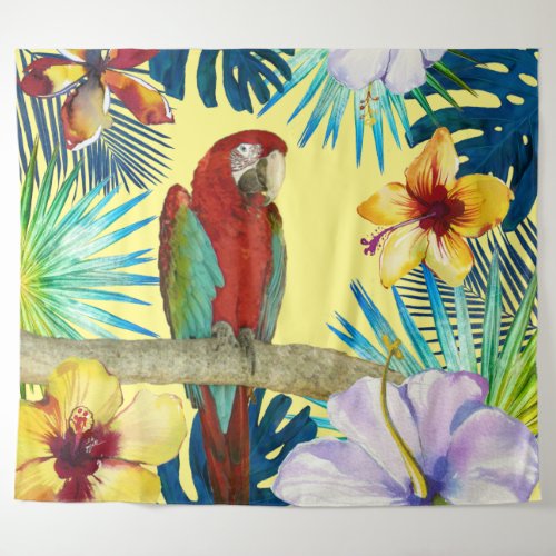 Tropical Red Macaw Parrot Yellow Hibiscus Floral Tapestry