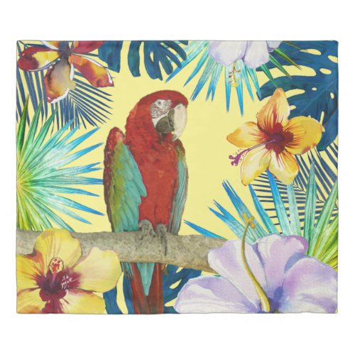 Tropical Red Macaw Parrot Yellow Hibiscus Teal Duvet Cover