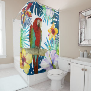Tropical Red Macaw Parrow Yellow Teal Floral Beach Shower Curtain