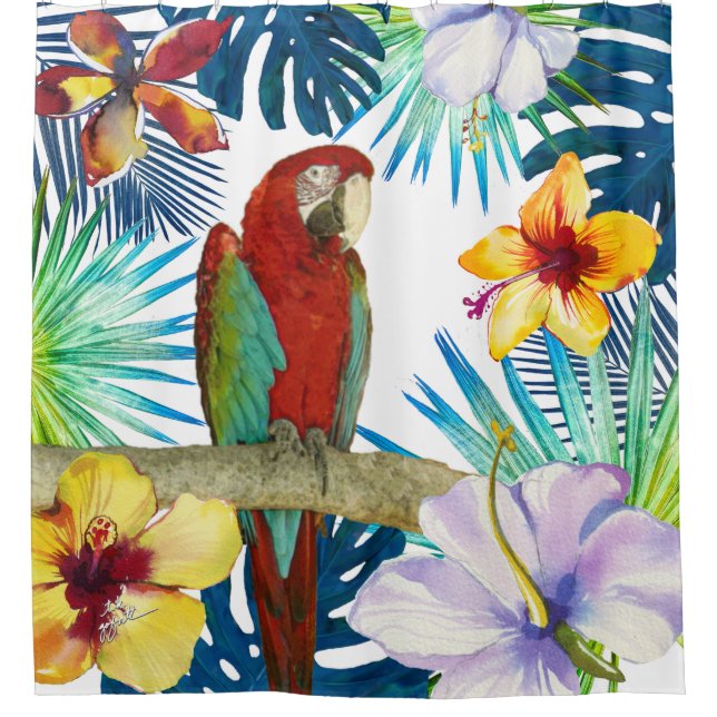 Tropical Red Macaw Parrow Yellow Teal Floral Beach Shower Curtain (Front)