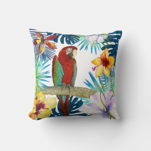 Tropical Red Macaw Parrow Yellow Teal Floral Beach Throw Pillow