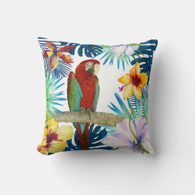 Tropical Red Macaw Parrow Yellow Teal Floral Beach Throw Pillow (Front)